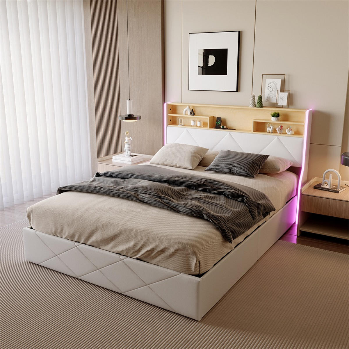 POLSTERBETT 140x200 cm mit LED-Beleuchtung - USB-Ladestation und hydraulischem Stauraum - Weiß PU-Leder - Weiß, Textil (140/200cm) - DELFA