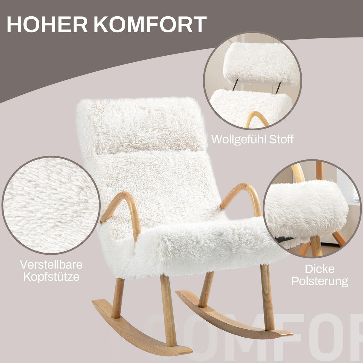 SCHAUKELSTUHL Schwingsessel Armlehnsessel mit Wollenoptik für Schlafzimmer - Weiß, Holzwerkstoff/Kunststoff (114/109/58cm) - HOMCOM