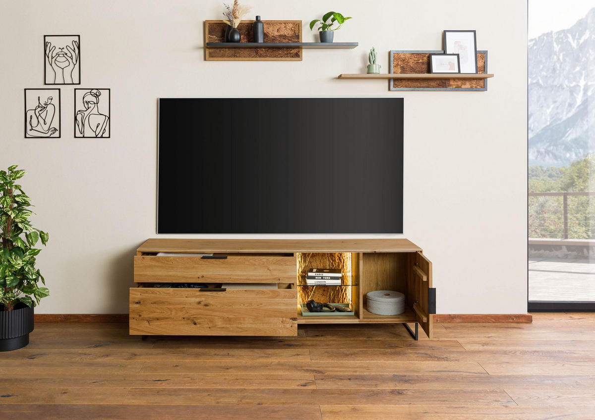 LOWBOARD Wildeiche mit Holztür 180x43x59 natur geölt LINDAU #25 - Naturfarben, Holz (43/59/180cm) - Massivmoebel24