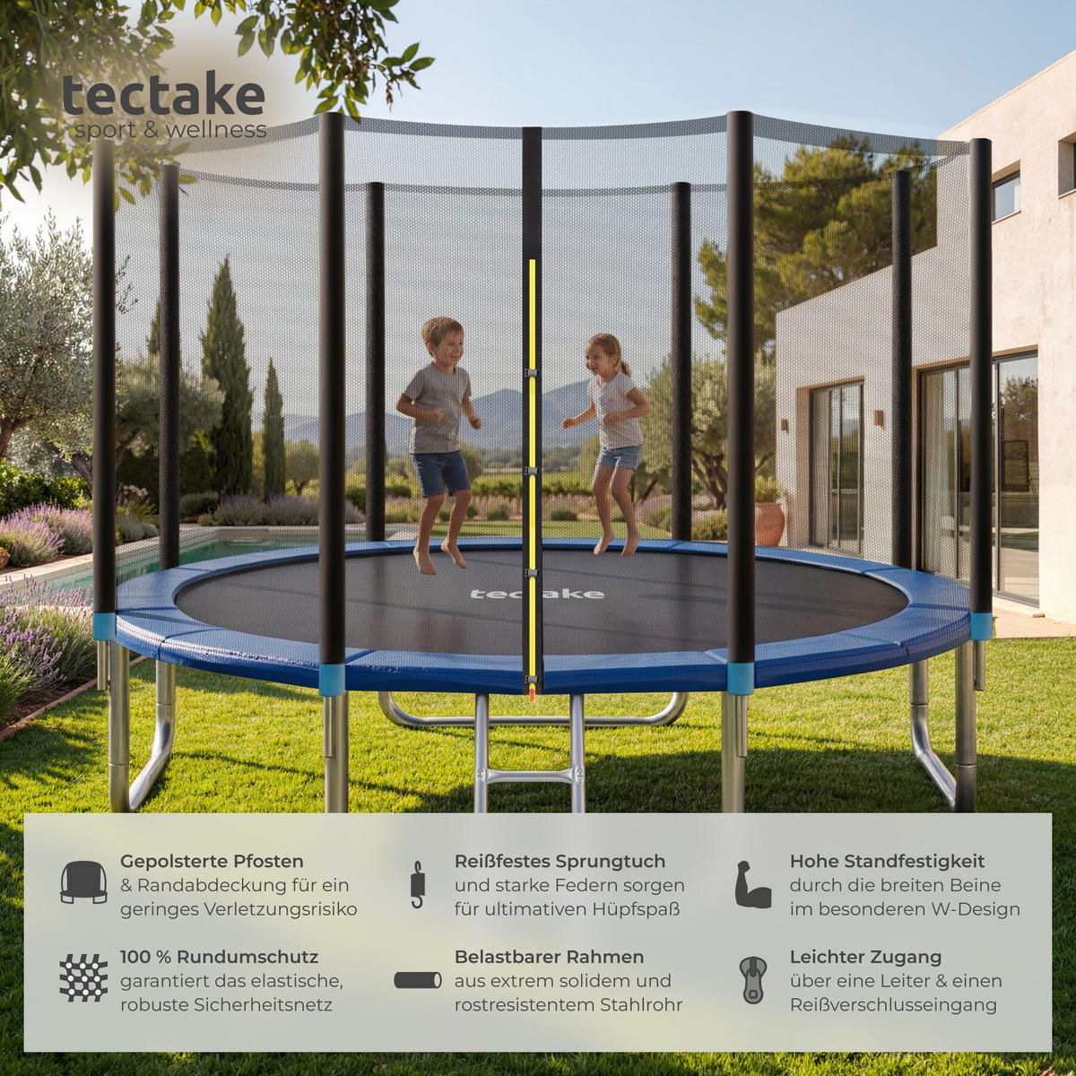 TRAMPOLIN Garfunky, inklusive Einstiegsleiter, schwarz/blau - Blau/Schwarz, Metall (396/260/396cm) - tectake