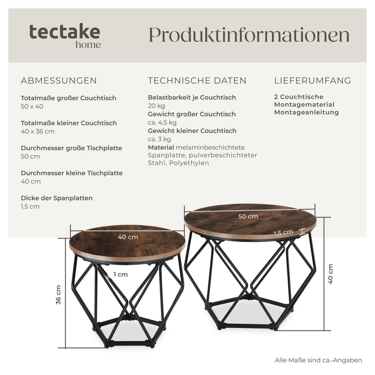COUCHTISCH 2er Set Benham, mit höhenverstellbaren Kunststofffüßen, Industrial Holz dunkel, rustikal - Rostfarben, Holzwerkstoff (50/50/40cm) - tectake