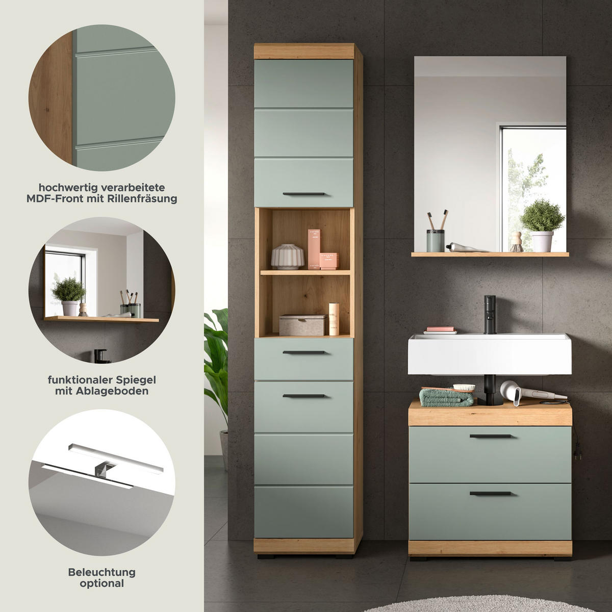 BADKOMBINATION 3tlg. Scout Bad in Artisan Eiche Nachbildung und Salbei Nachbildung B/H/T: 112x191x34 cm - Eiche Artisan, Holz (112/191/37cm)