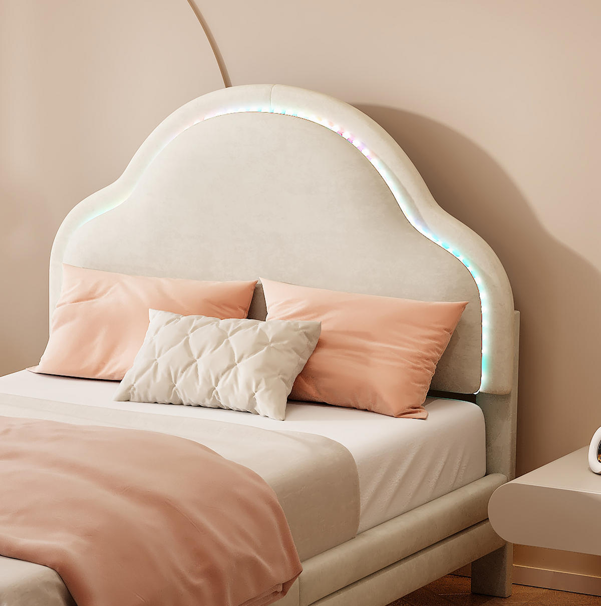 KINDERBETT Polsterbett 90/200 cm aus Samt mit wolkenförmigem LED-Kopfteil Beige - Beige, Textil (90/200cm) - Modenvie