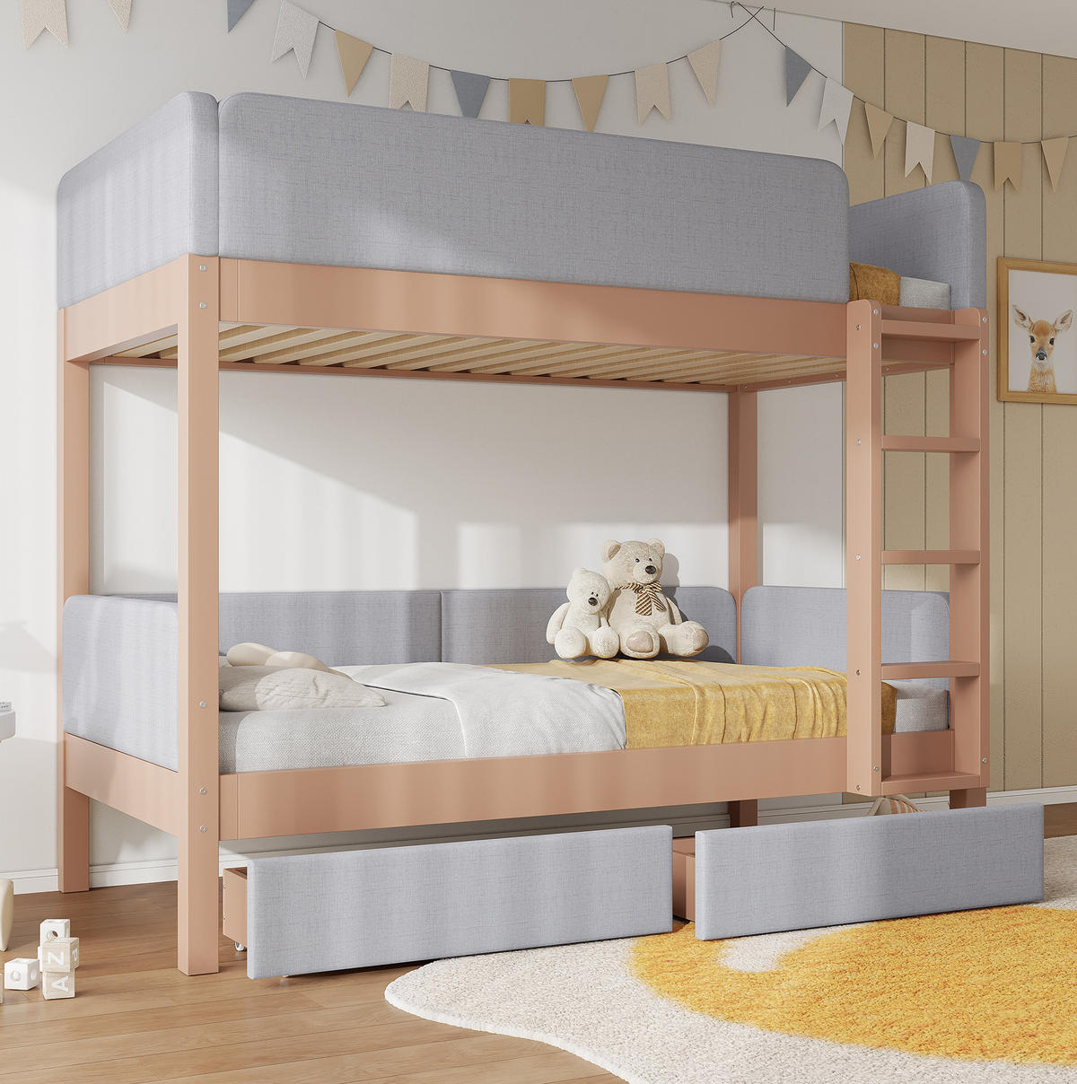 ETAGENBETT 90/200 cm aus Kautschukholz und MDF mit 2 Schubladen, 4-Stufen-Treppe und Schutzkante, Grau/Natur - Grau, Holz (90/200cm) - Redom