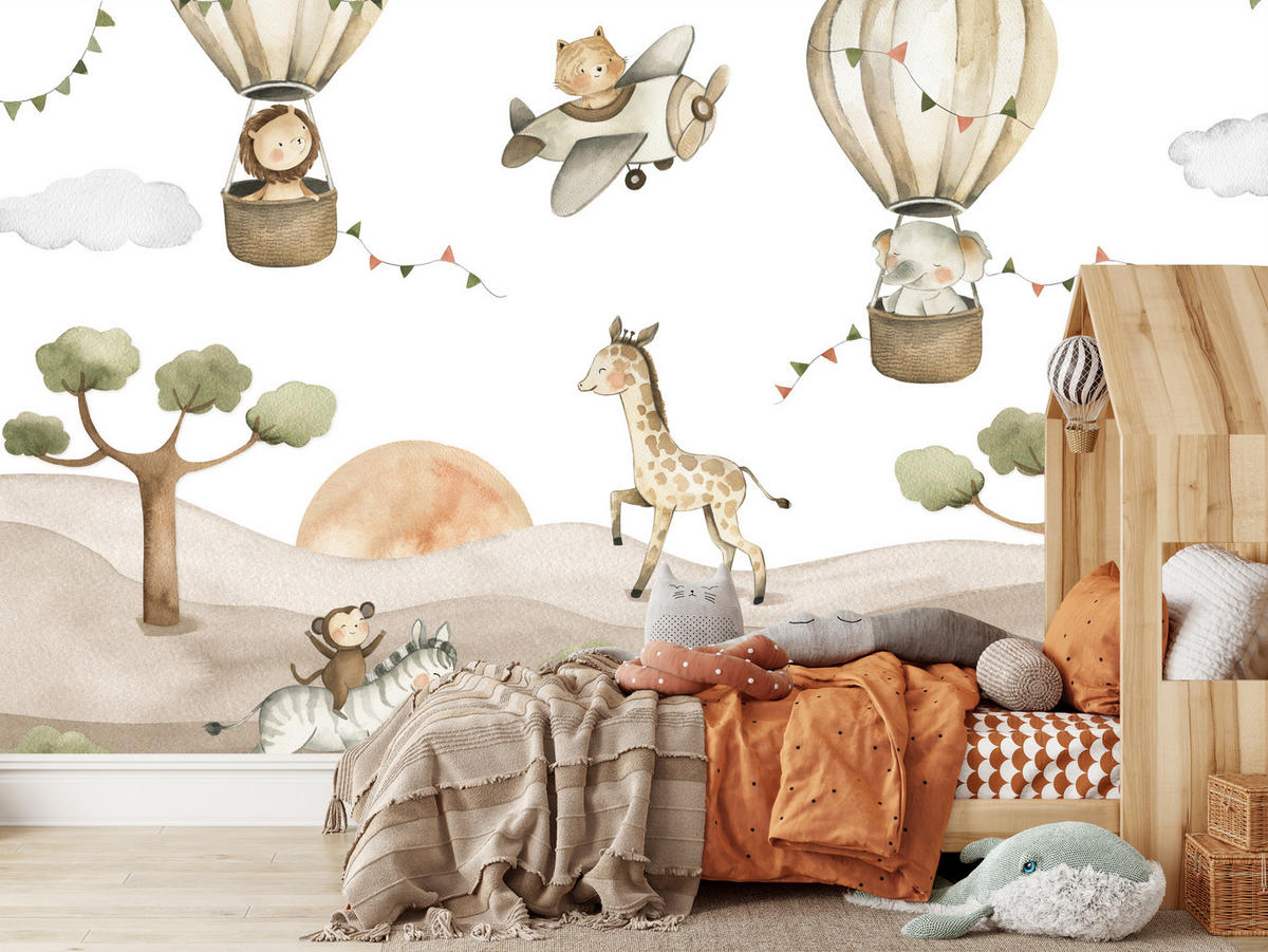 FOTOTAPETE für Kinderzimmer Tiere Ballons Flugzeuge Safari Bäume Hügel 500x350 - Beige/Braun, Papier (500/350cm) - Muralo