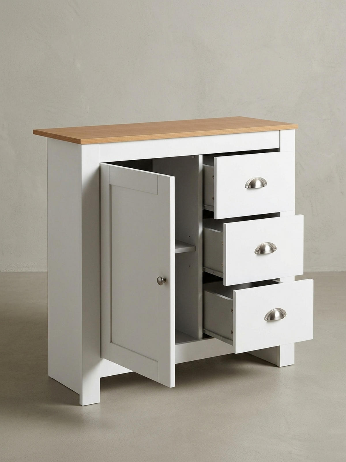 KOMMODE – Eiche-Finish, 3 Schubladen, 2 Türfächer - Weiß, Holz/Metall (79/81/35cm) - KADIMA DESIGN