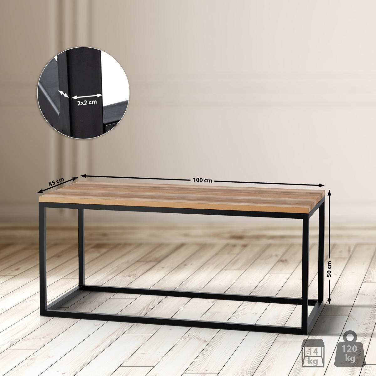 COUCHTISCH eckig 100/45/50 cm Holz Eiche - Eichefarben/Schwarz, Holz/Metall (45/100/50cm) - CLP