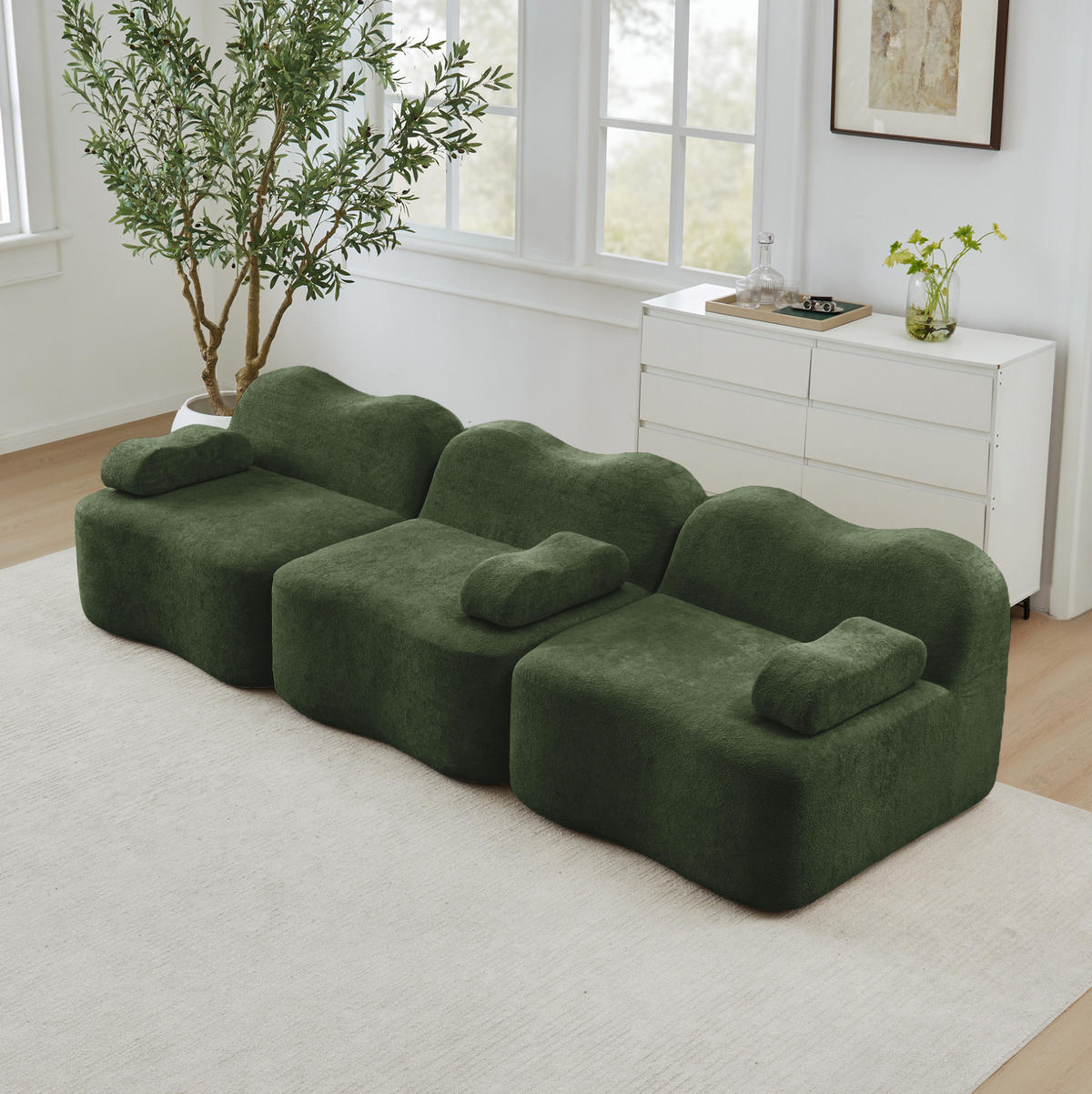 MODULARES 3-Sitzer Sofa mit tiefer Sitzfläche, Wellenform und Samtbezug, Grün - Grün, Textil (288/70/98cm) - Redom