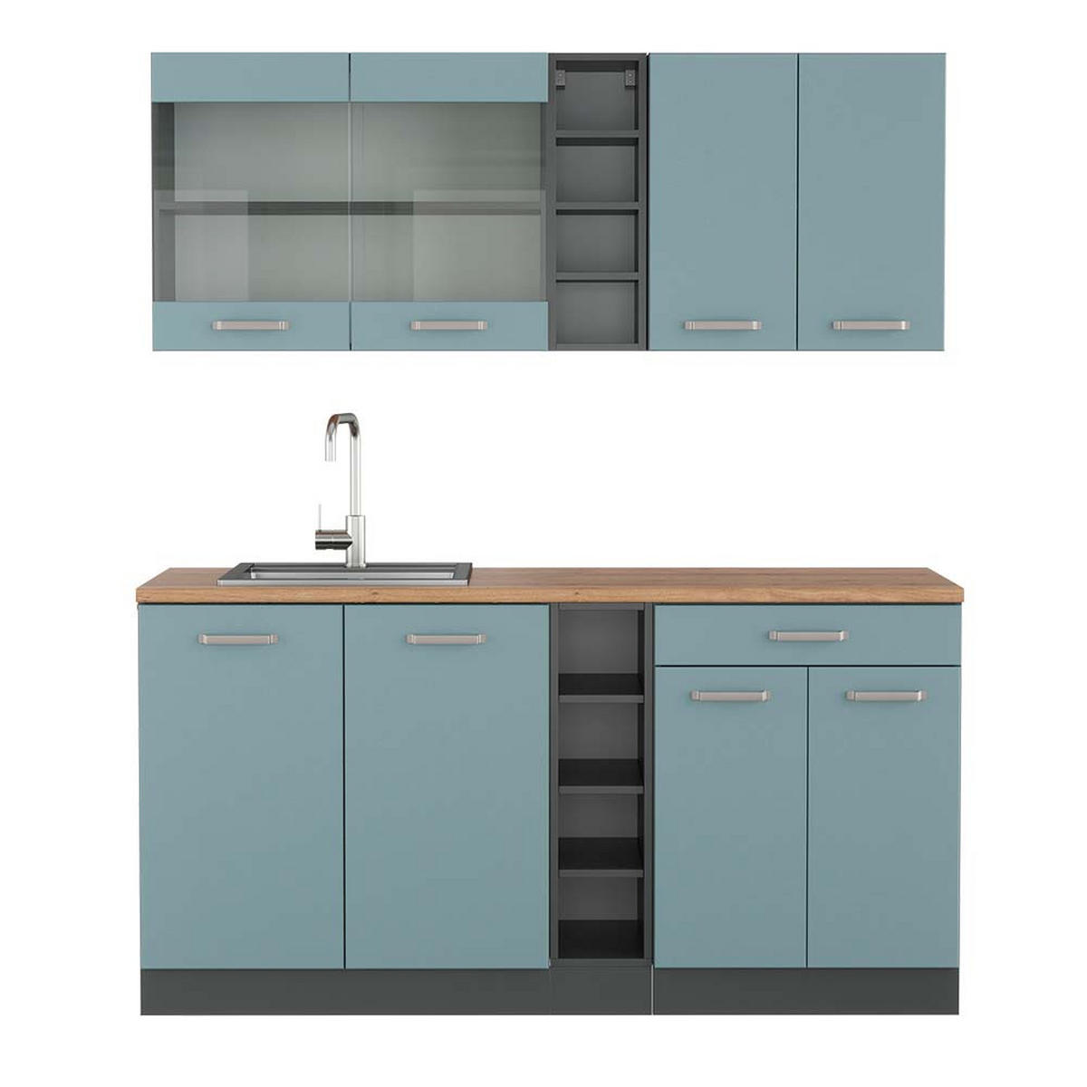 SINGLEKÜCHE R-Line Blau-Grau/Anthrazit 160 cm, AP Eiche - Anthrazit/Blaugrau, Holzwerkstoff (160/81.6/60cm) - Vicco