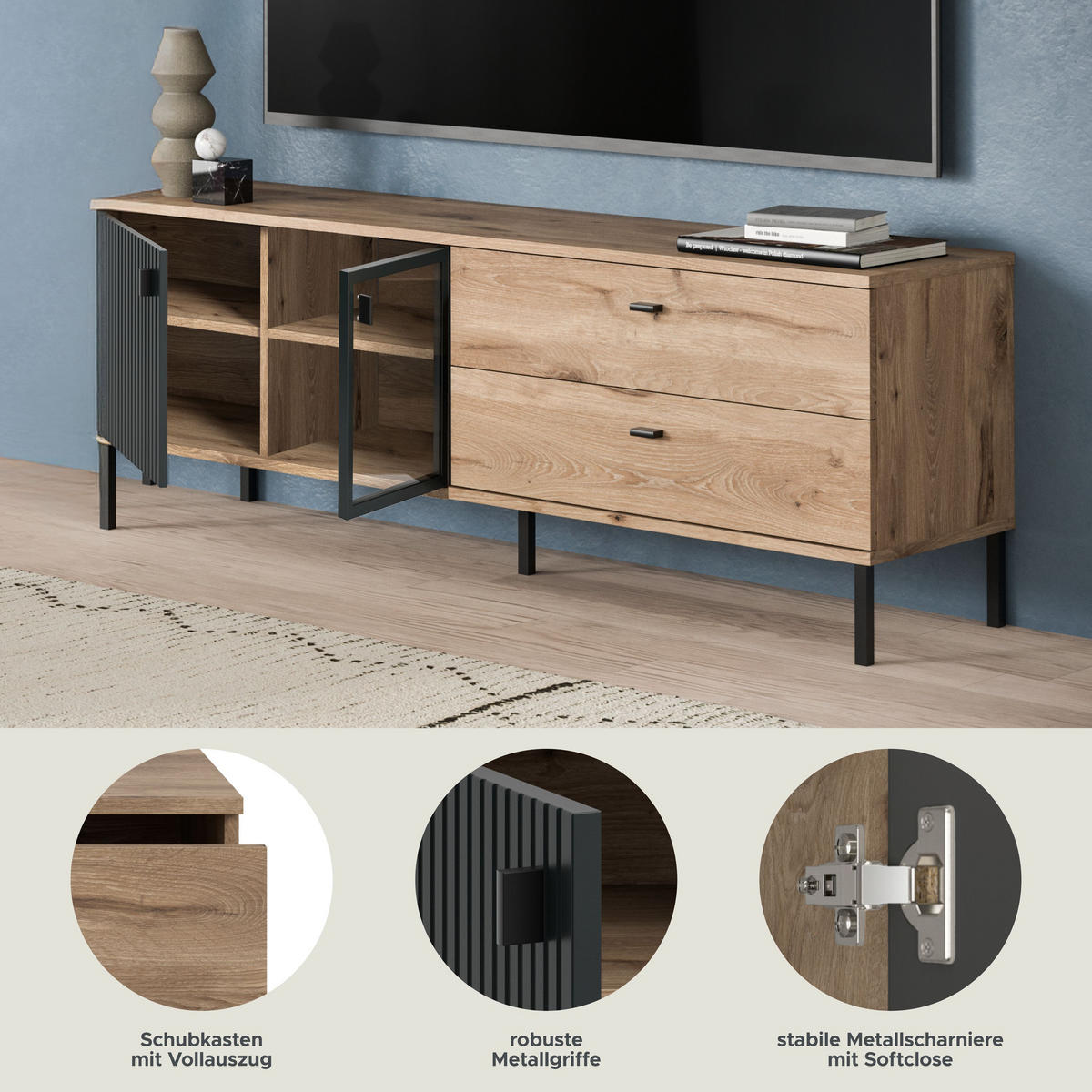 LOWBOARD CHESS (B/H/T: ca. 154/57/41 cm) in Nox Oak Nachbildung/schwarz - Eichefarben, Holzwerkstoff (154/57/41cm)