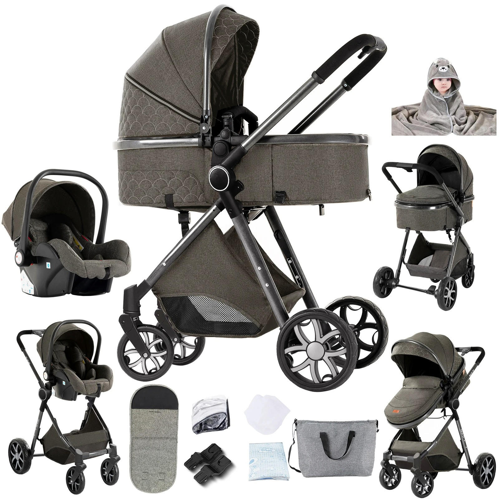 KINDERWAGENSET 3-in-1 mit Autositz, höhenverstellbarer Rückenlehne, wendbarem Sitz, Federung, Verdeck mit UV-Schutz für Babys, dunkelgrau - Dunkelgrau, Metall (80/60cm) - Kaket