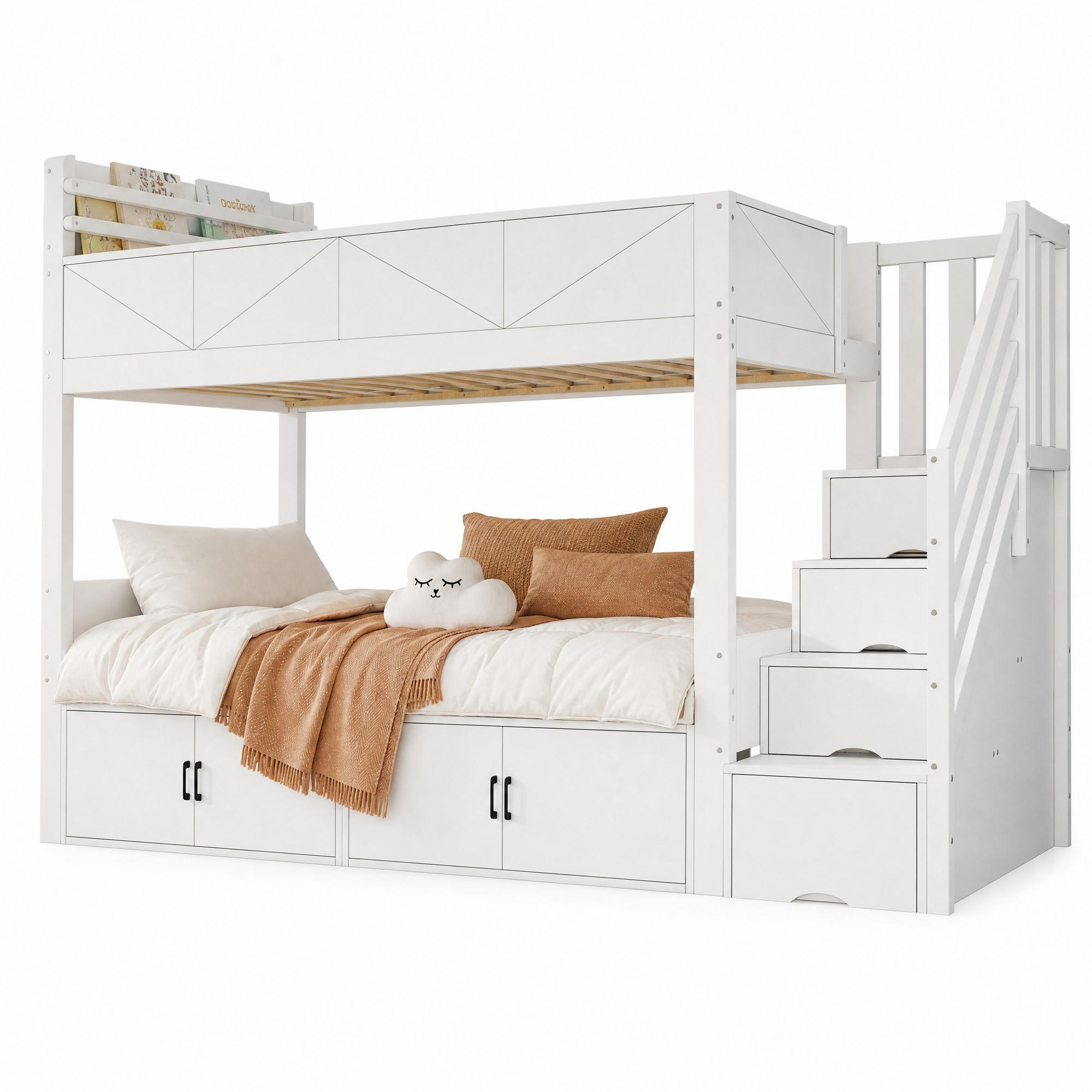 ETAGENBETT 90/200 cm aus Holz mit Stauraumtreppe, Weiß - Weiß, Holz (90/200cm) - OKMYHOME