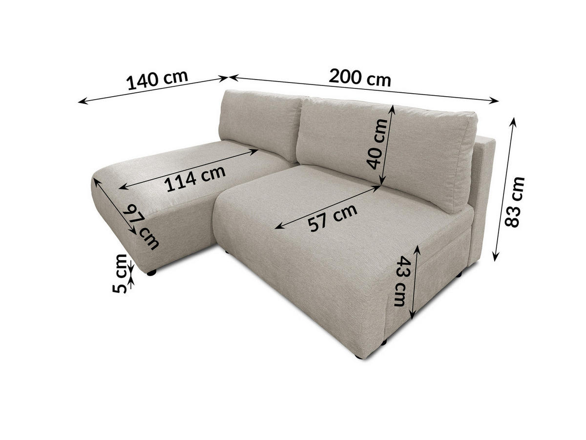 ECKSOFA Sora mit Schlaffunktion, Bettkasten und extra tiefer Komfortzone aus hochwertigem Taupe Strukturstoff - Taupe/Schwarz, Holz/Kunststoff (140/200cm) - S-Style