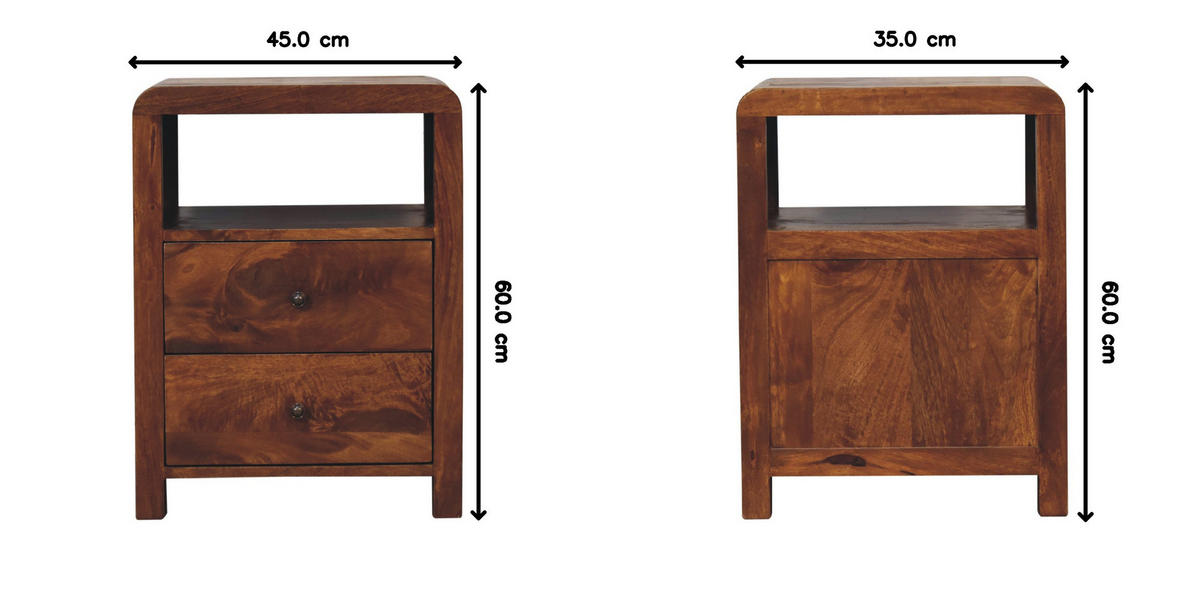 NACHTTISCH Aspen mit 2 Schubladen, 1 Offenes Regal, Braun - Messingfarben/Braun, Mangoholz/Holz (45/60/35cm) - Artisan Furniture