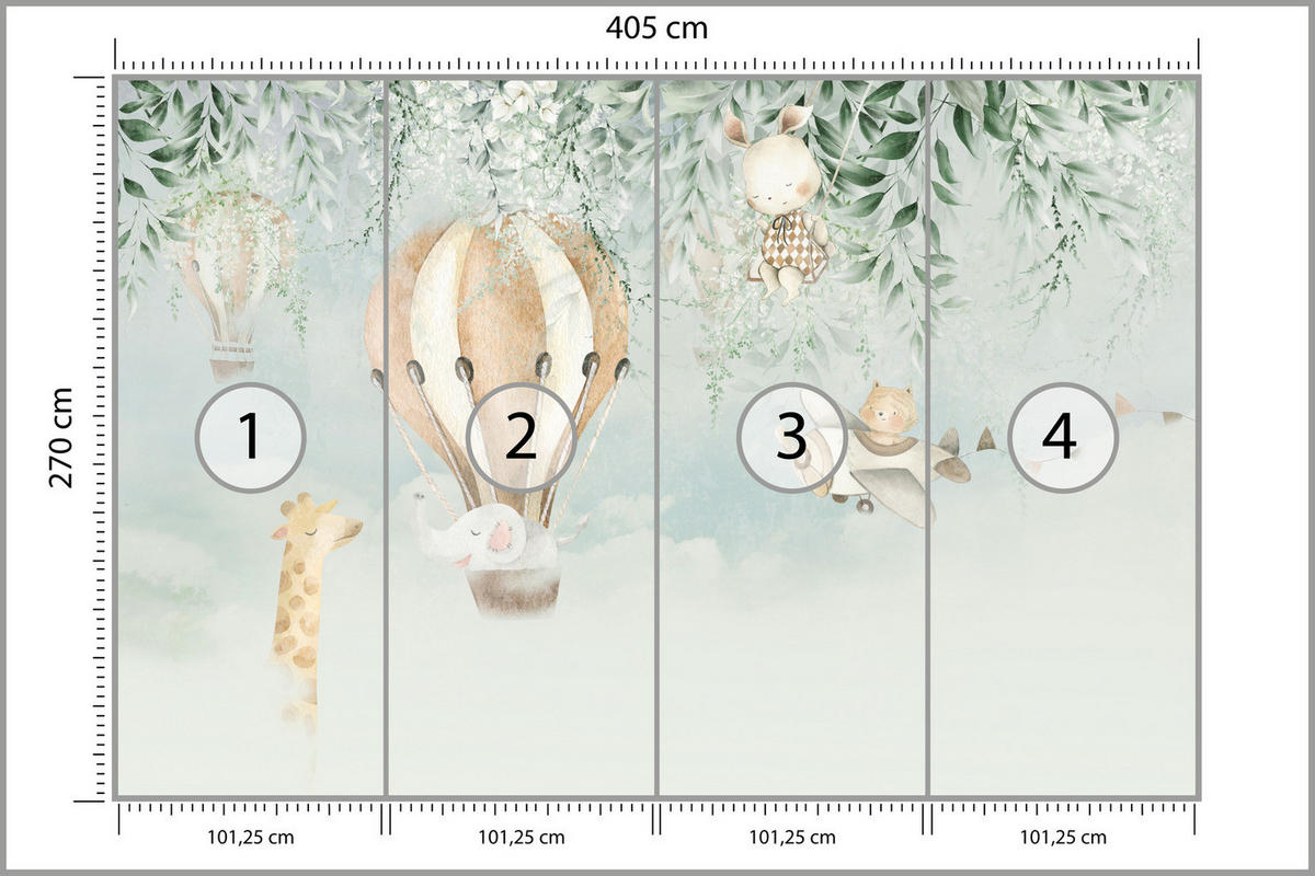 FOTOTAPETE Für Kinder TIERE Luftballons Blätter Blumen Wolken 405x270cm - Beige/Braun, Papier (405/270cm) - Muralo