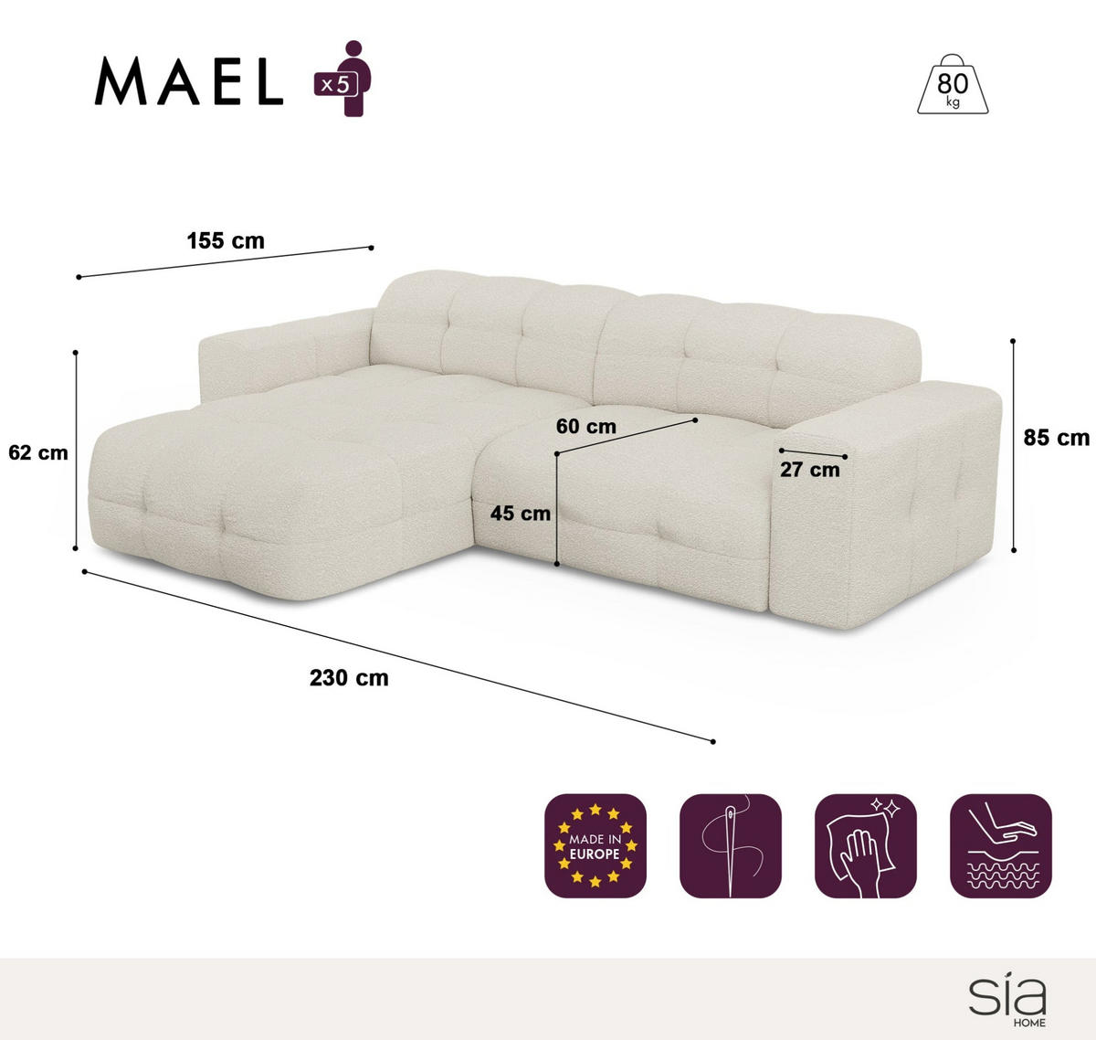 ECKSOFA LINKS Bouclé-Stoff Dunkles Anthrazit 230cm - Anthrazit, Textil (155/230cm) - Sia Home