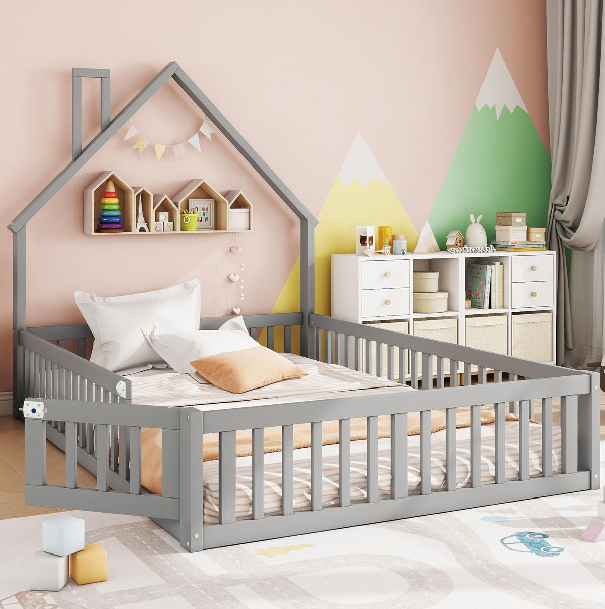KINDERBETT 140/190 cm mit Lattenrost, Sicherheitsgitter und Schornsteinform aus Kiefernholz/MDF, Grau - Grau, Holzwerkstoff (140/190cm) - Redom