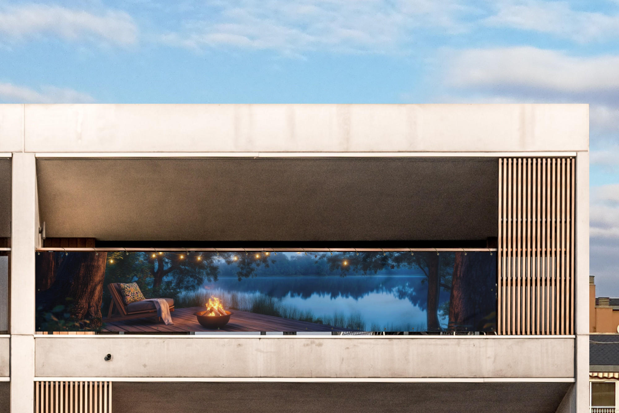 BALKON-SICHTSCHUTZ Lagerfeuer - See - Abendlicht - Dunkelblau, Kunststoff (500/80cm) - MuchoWow