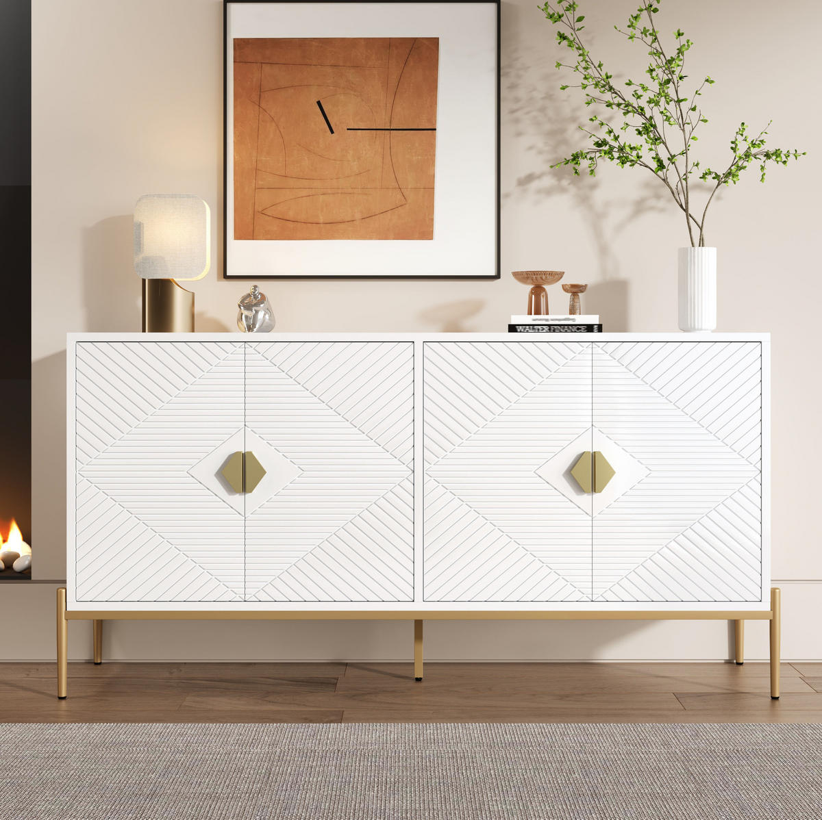 SIDEBOARD 162/40/80 cm in Weiß mit 4 Türen und goldfarbenen Metallbeinen - Weiß, Holzwerkstoff (162/80/40cm) - Flora Grace