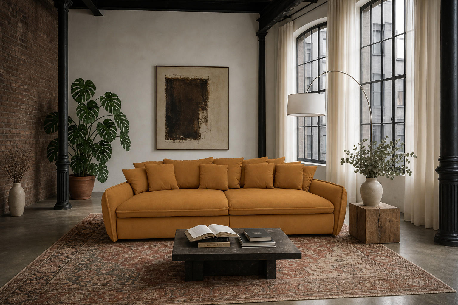 BIGSOFA Hereford XXL Flachgewebe Gold inkl. 12 Kissen 274/131/61 cm - Dunkelgelb, Kunststoff/Textil (274/61/131cm) - foamnova