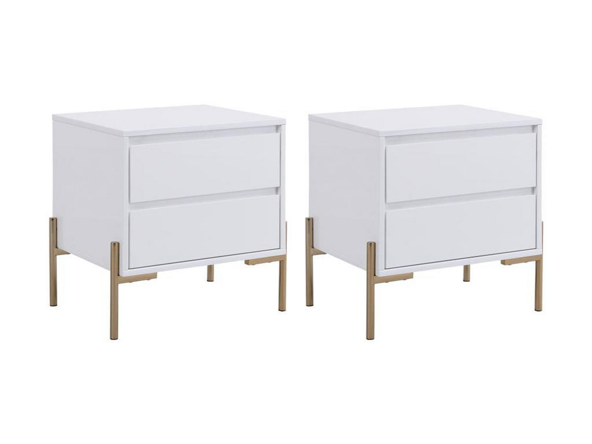 2ER-SET Nachttische mit 2 Schubladen - MDF & Metall - Weiß lackiert & Goldfarben - KORASA - Weiß, Holz (40/50/50cm) - Pascal Morabito