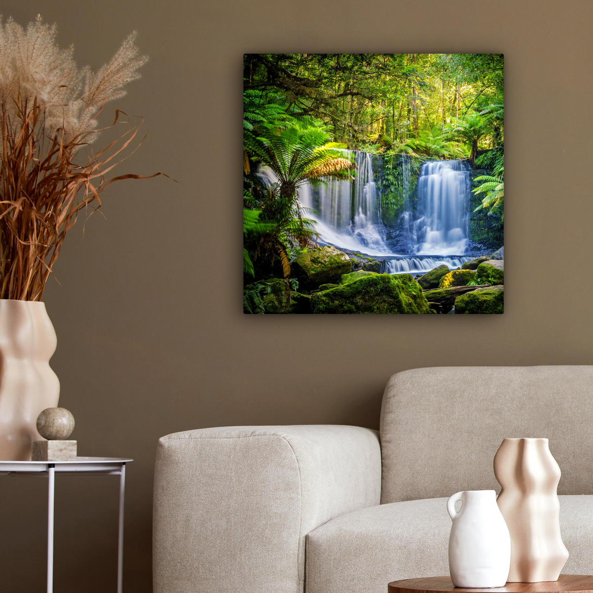 LEINWANDBILD Dschungel - Wasserfall - Australien - Pflanzen - Natur 50x50 cm - Dunkelgrün, Textil (50/50cm) - MuchoWow
