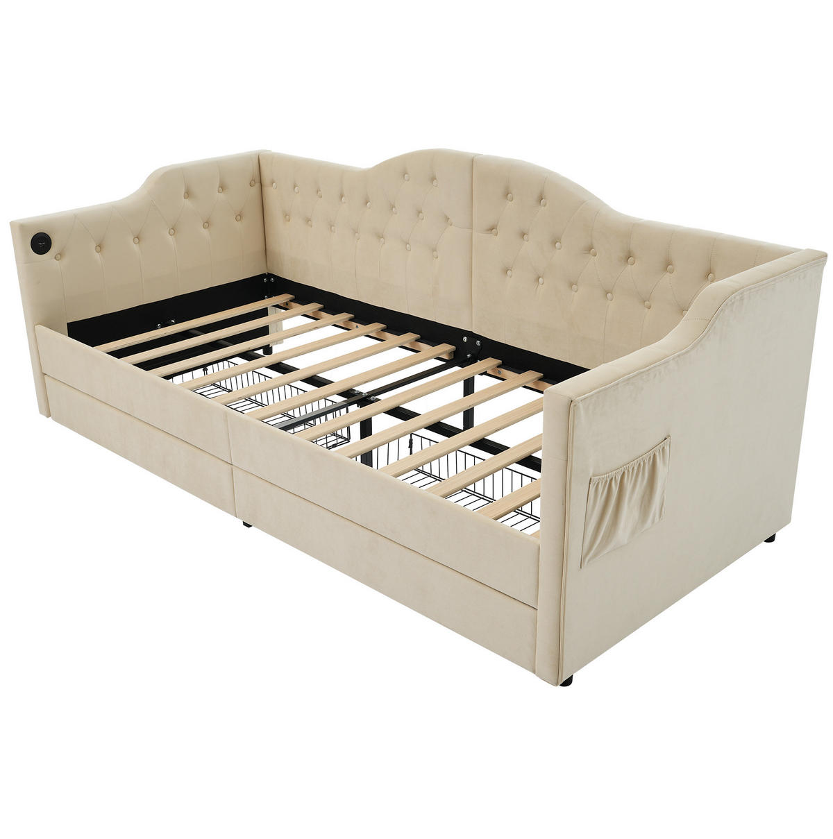POLSTERBETT 90/200 cm Beige mit USB- und Type-C-Anschlüssen und 2 Schubladen - Beige, Textil (90/200cm) - OKWISH