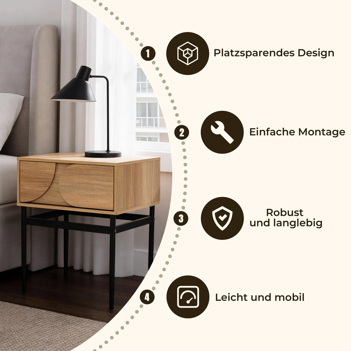 NACHTTISCH Holz mit Schublade, Metallbeinen, Holzoptik | B47.5 x T39 x H58 cm - Braun, Holzwerkstoff (47.5/58/39cm) - Hometopia