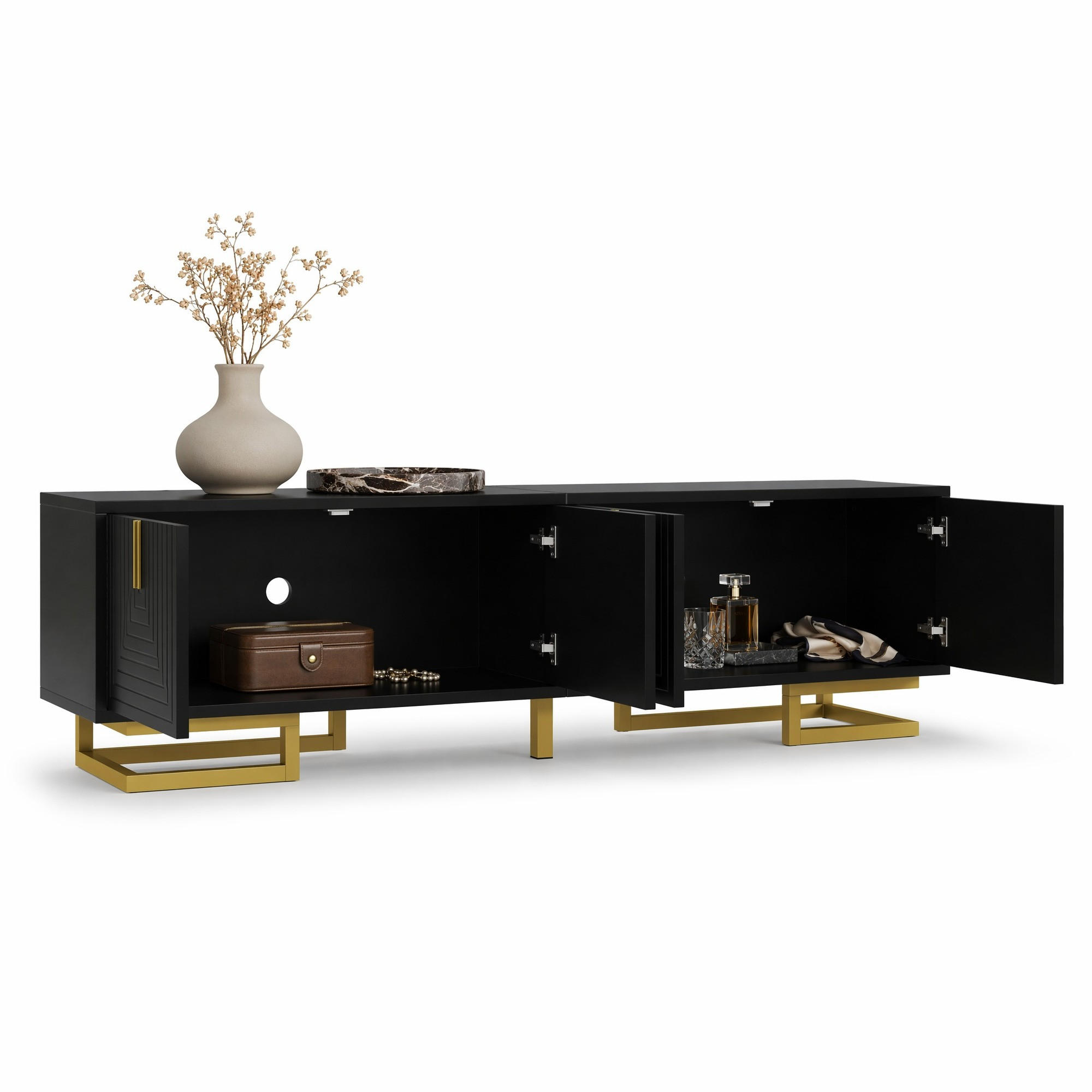 LOWBOARD in Schwarz TV-Schrank mit strukturierten Türen und goldenen Griffen für Wohnzimmer, B160/T38/H44.5 cm - Goldfarben/Schwarz, Holzwerkstoff/Metall (160/44.5/38cm) - STILVORA