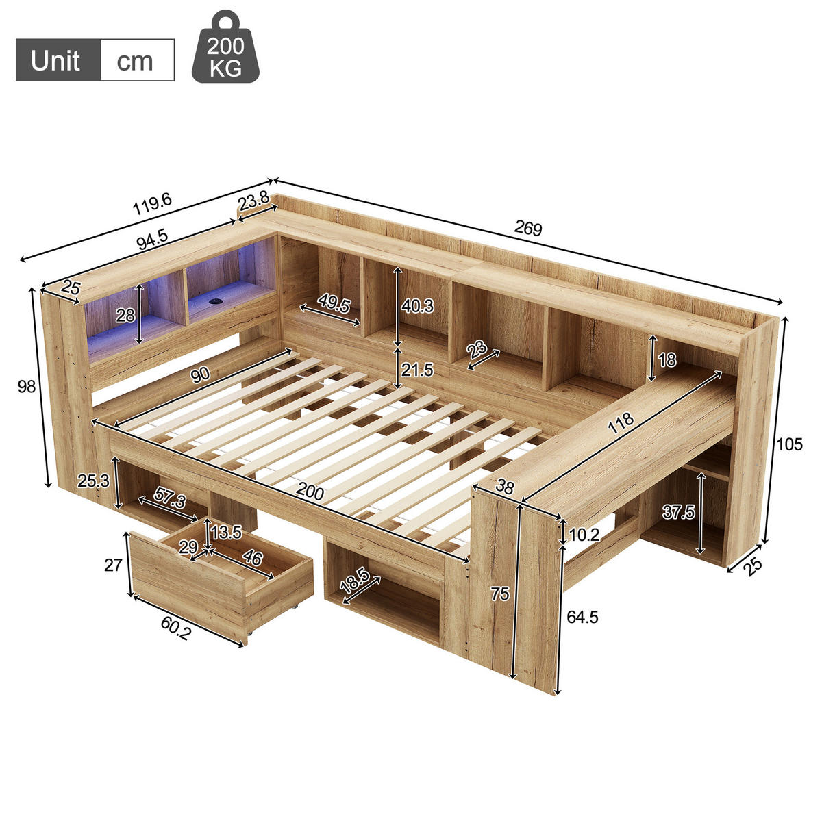 KINDERBETT 90/200 cm mit LED-Beleuchtung, USB- und Type-C-Anschluss, Schreibtisch und Stauraum, Naturfarbe - Naturfarben, Holzwerkstoff (90/200cm) - Redom