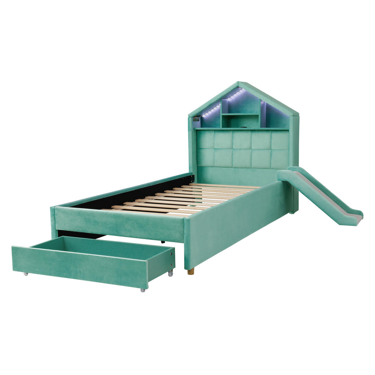 SPIELBETT 90/200 cm mit Rutsche und LED, DE-41740, in Blaugrün - Türkis, Holzwerkstoff (90/200cm) - ComfortXL