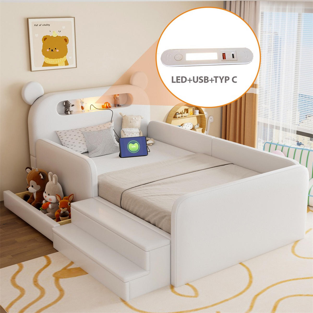 POLSTERBETT 90x200 cm mit Bären-Kopfteil - Nachtlicht & USB - mit Stauraum - Weiß - ohne Matratze - Weiß, Textil (90/200cm) - DELFA