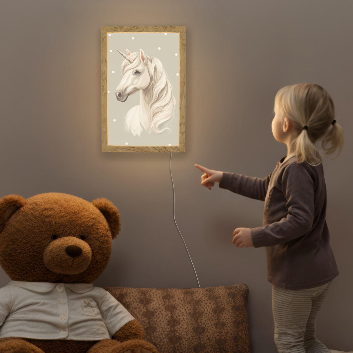 NACHTTISCHLAMPE Einhorn - Weiß - Punkte 20x30 cm - Taupe, Holzwerkstoff (8/20/30cm)