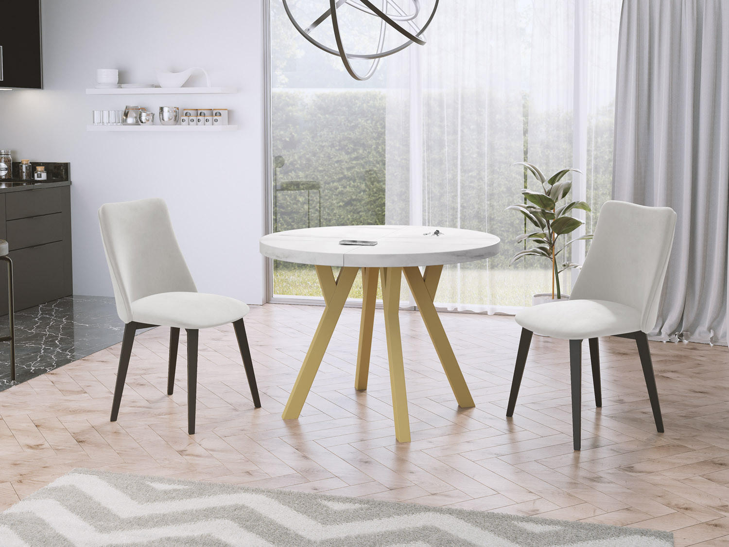 ESSTISCH Mateo runder ausziehbarer, Marmor Weiß 100-150/100/76 cm - Ecru/Goldfarben, Holz/Holzwerkstoff (100/100/76cm) - WFL GROUP