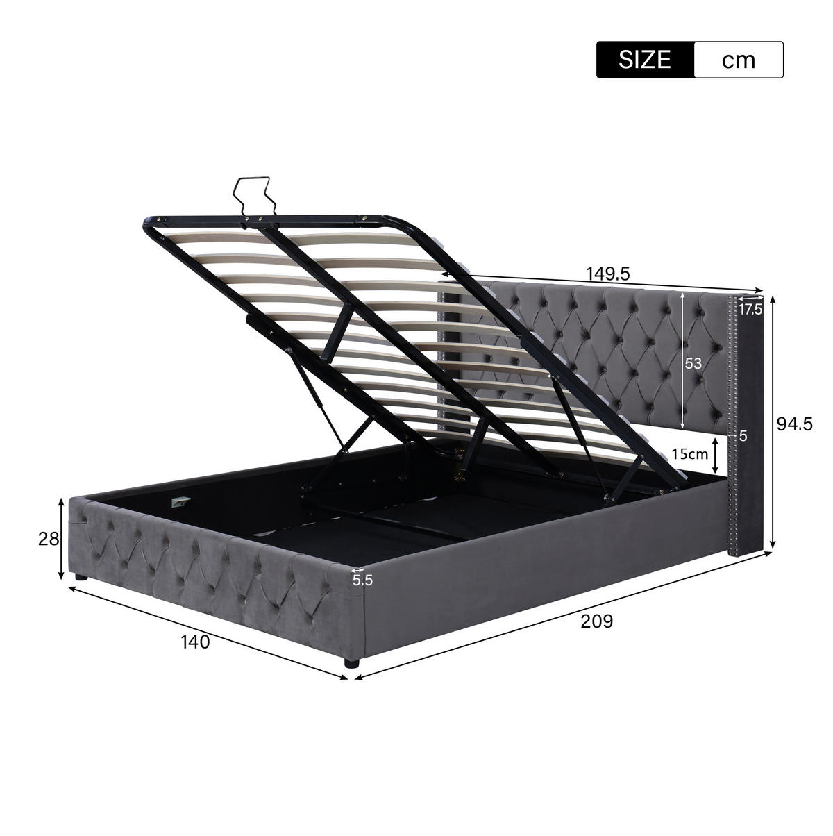 POLSTERBETT aus Samt 140x200 cm Grau mit hydraulischem Bettkasten - Grau, Textil (140/200cm) - IVMEU