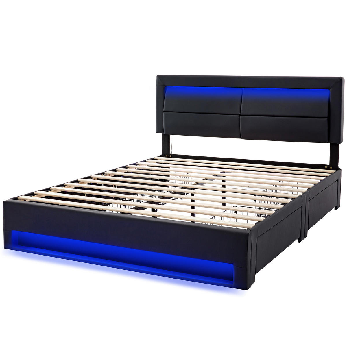 POLSTERBETT mit USB, LED und 4 Schubladen 140x200 cm PU Schwarz - Schwarz, Metall (140/200cm) - Meubliv