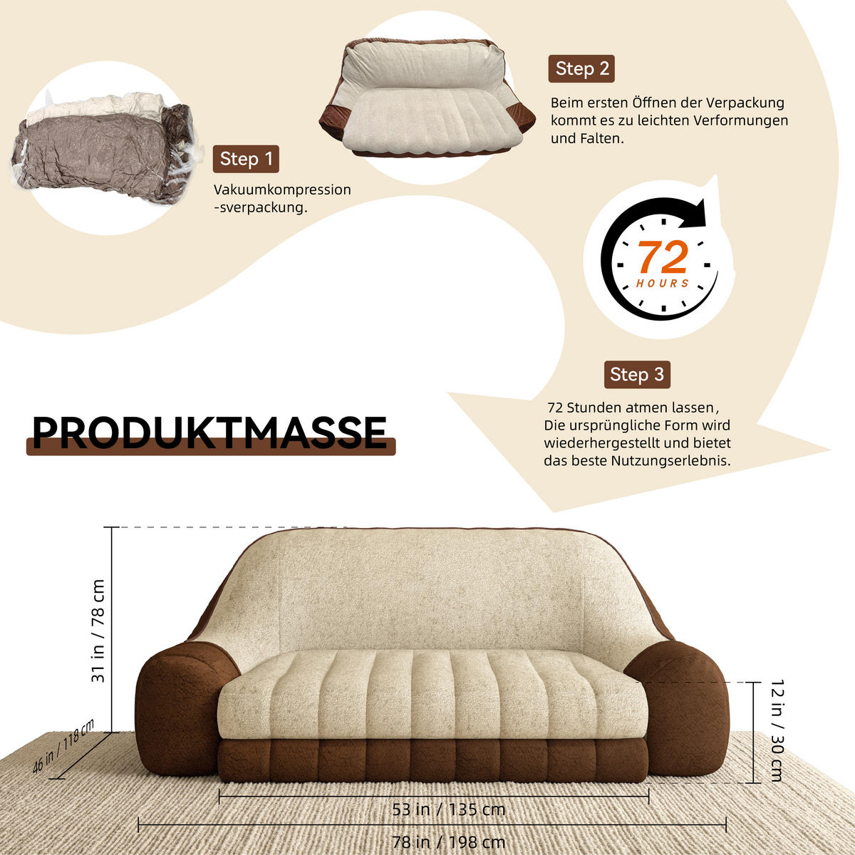 BODENSOFA 198cm Beige - Beige/Braun, Textil (198/78/118cm) - Vercart