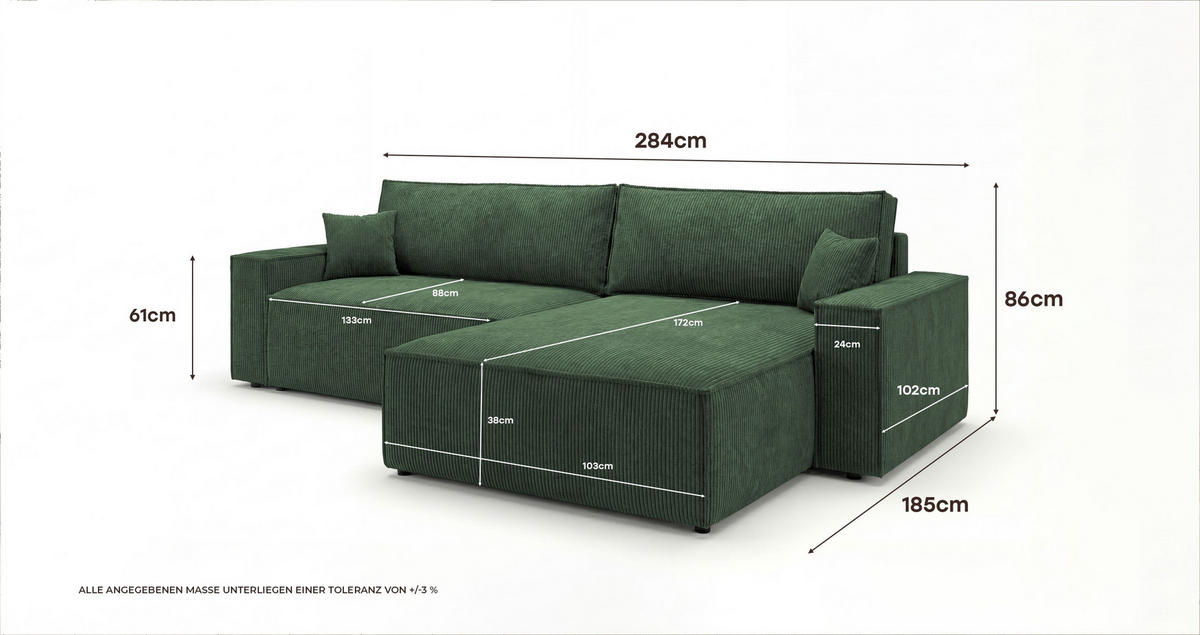 ROHOVÁ pohovka VIENNA pravá zelená manšestr Poso 14 - funkce spaní, úložný prostor - zelená barva, textil (285/184cm) - Cornero