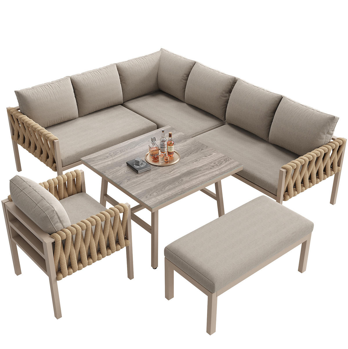 GARTENMÖBELSET mit Metallgestell, Ecksofa + Tisch mit Glasplatte, 238/61/78 cm, Beige - Beige, Metall - Redom