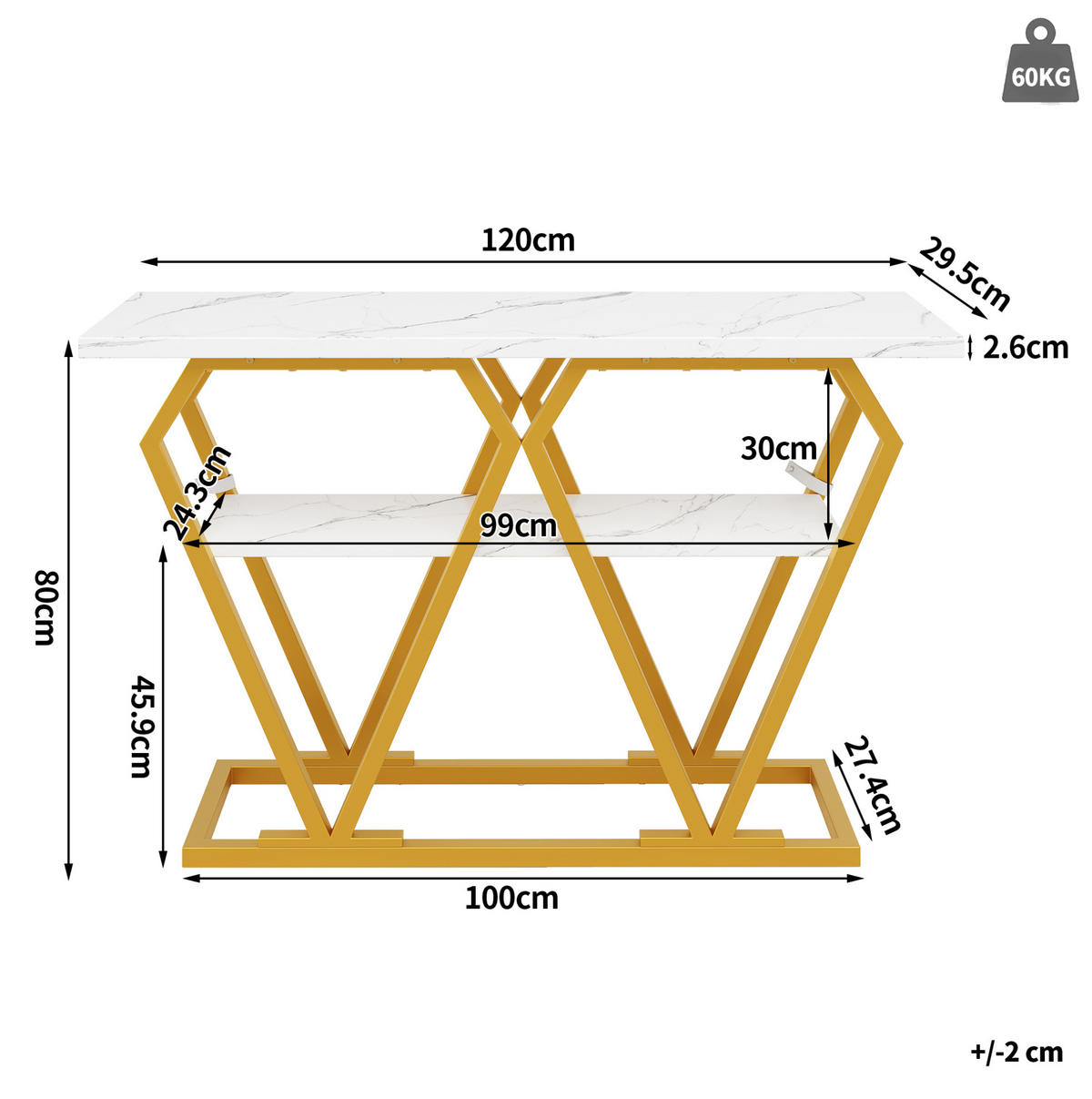 BEISTELLTISCH 120/29,5/80 cm in Weiß-Marmoroptik mit Ablage & goldenem Metallgestell - Weiß, Holzwerkstoff (120/29.5/80cm) - BEAOK