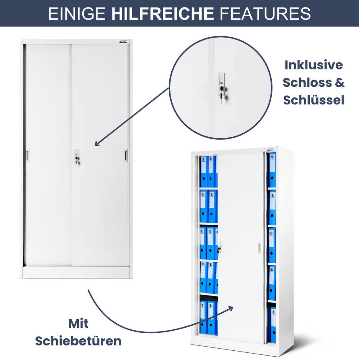 AKTENSCHRANK abschließbar ROLF mit Schiebetüren 185x90x40cm Weiß - Weiß, Metall (90/185/40cm) - DELUKE