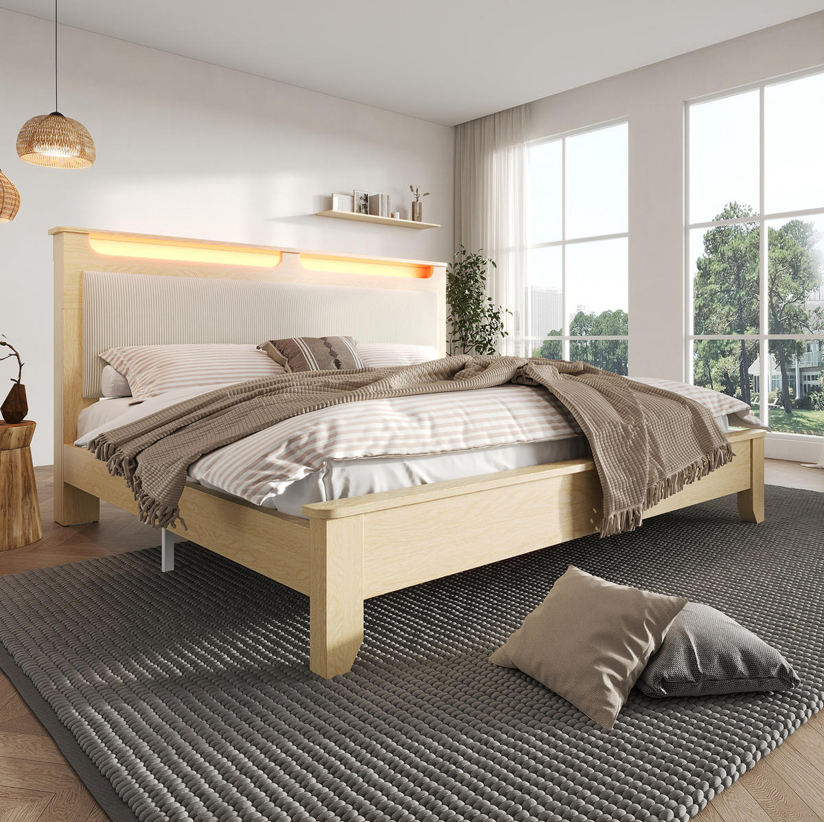 POLSTERBETT mit LED-Beleuchtung 160/200 cm in Eichefarben/Beige, inkl. Lattenrost - Beige, Textil (160/200cm) - BEAOK
