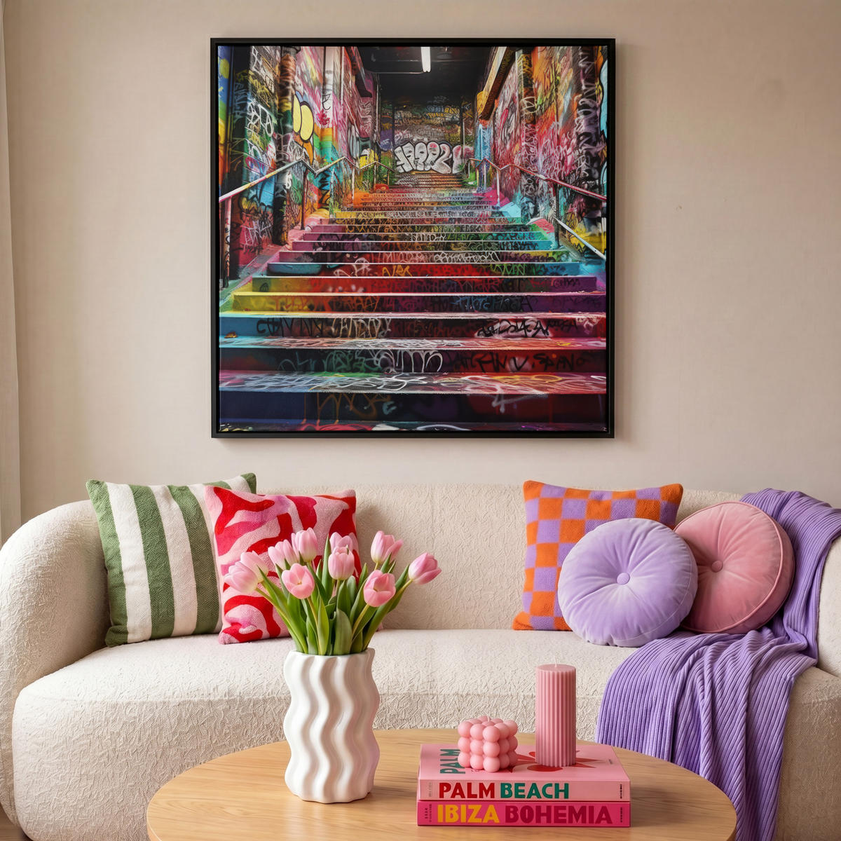 LEINWAND Bilder mit Rahmen - Treppe - Graffiti - Farben - Kunst - 90x90 - Multicolor, Textil (90/90cm) - MuchoWow