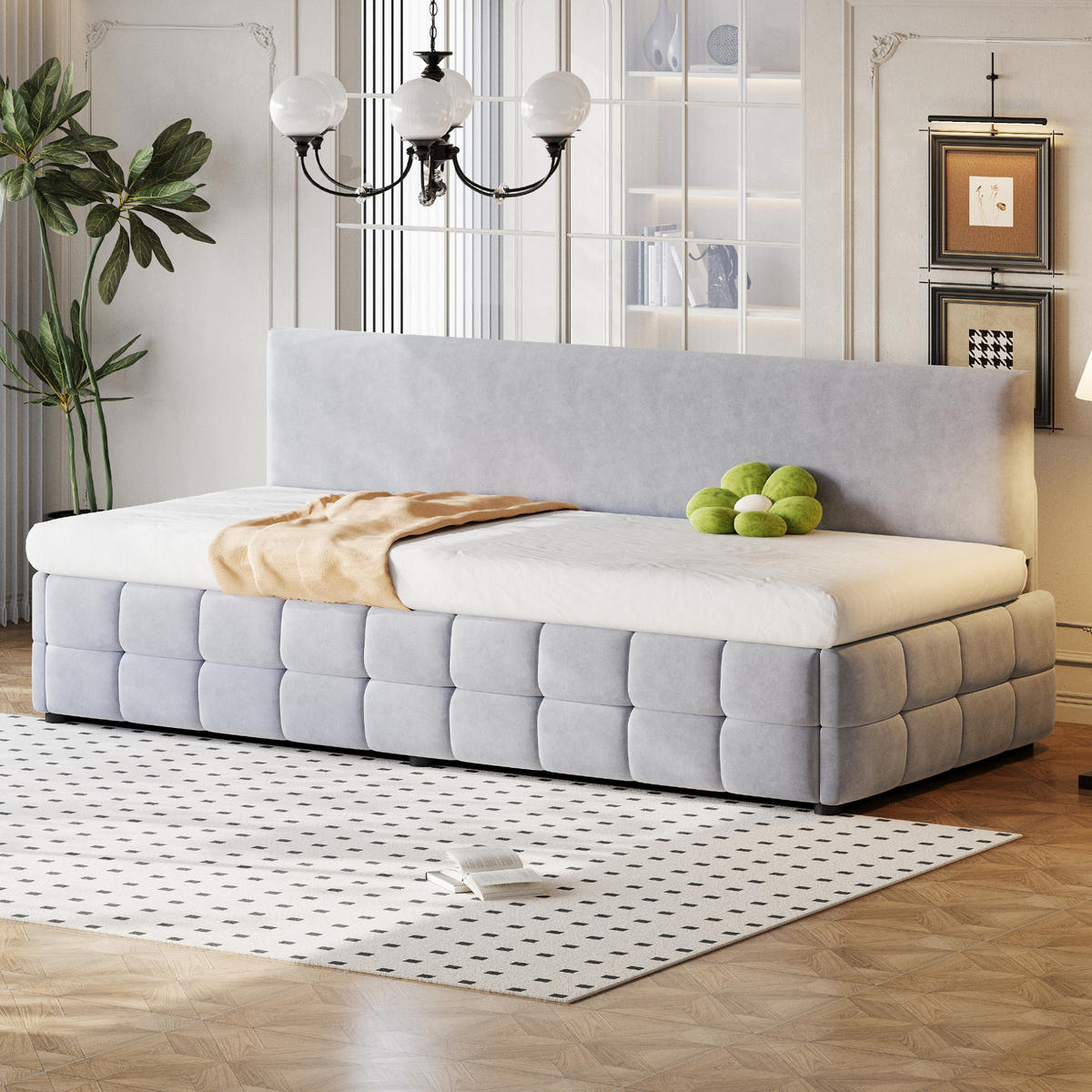POLSTERBETT 90/200 cm aus Samt mit hydraulischem Stauraum Hellgrau - Hellgrau, Textil (90/200cm) - Modenvie