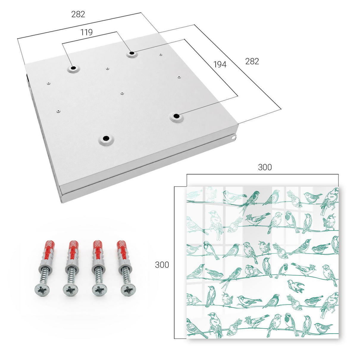 SCHLÜSSELBOX Weiß 30x30 cm – Türöffnung nach rechts - Vögel auf den Zweigen - Weiß, Metall (30/30/5cm) - TULUP