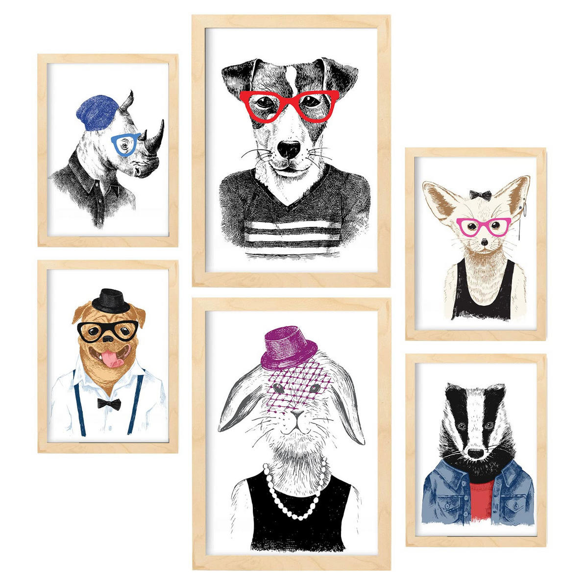 POSTER Set Mit 6 Tiere Größe A3 & A4 Rahmen aus hellem Holz - Beige, Papier (29.7/1cm) - Nacnic