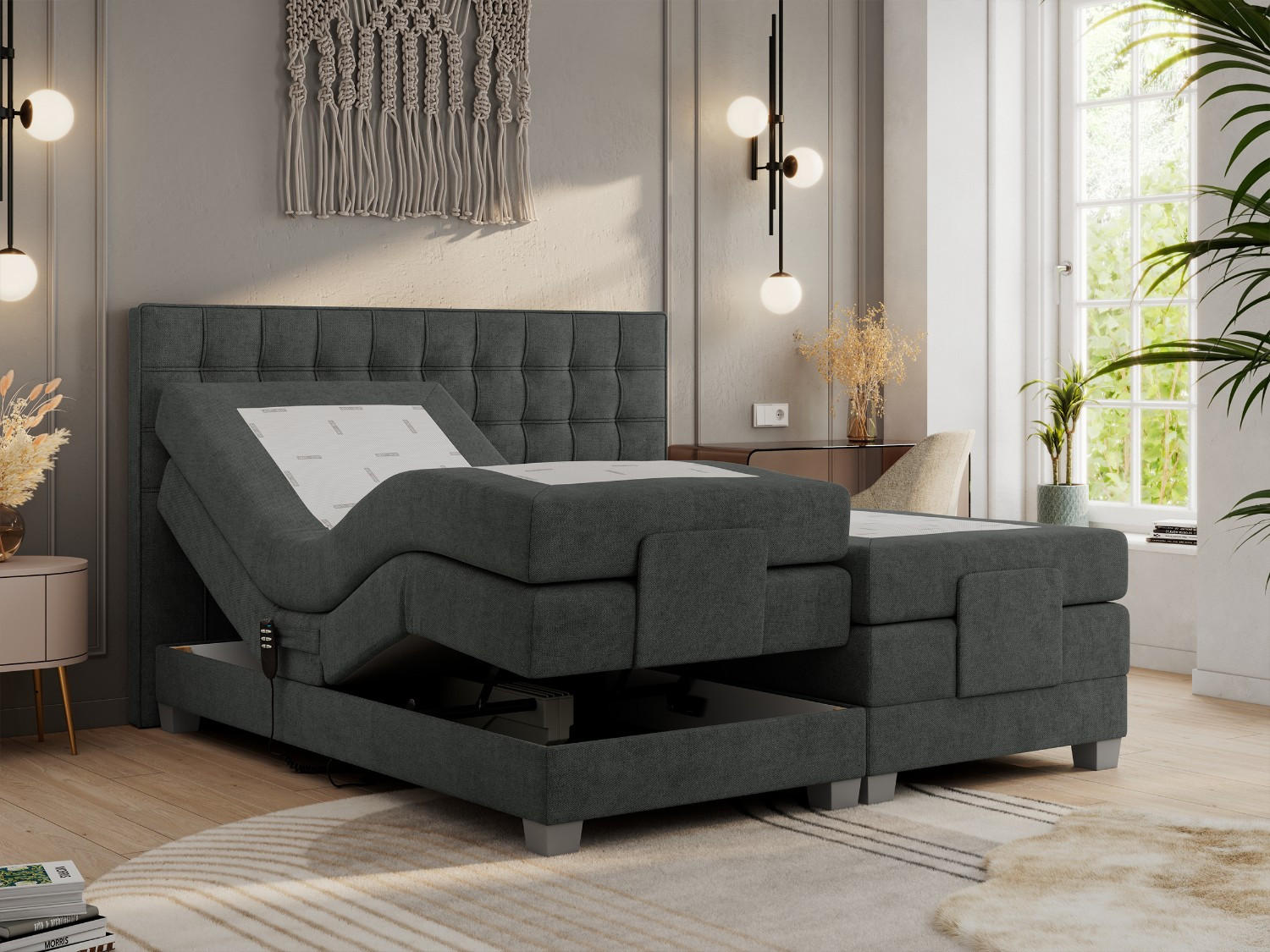 Thumbnail - MKS Boxbett, Dunkelgrau, Textil, 2-Sitzer, H3, 7-Zonen, Rechteckig, 200x200 cm, Schlafzimmer, Betten, Boxspringbetten