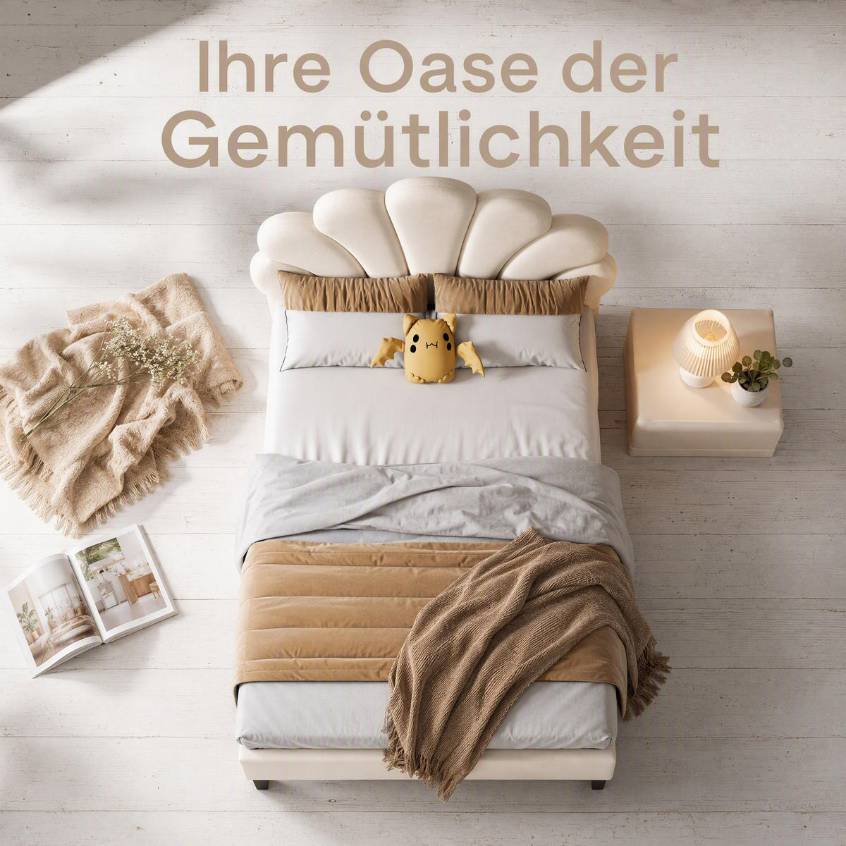 KINDERBETT 90x200 mit Lattenrost, Blütenblatt-Kopfteil, höhenverstellbar, Beige - Beige, Holz/Textil (90/200cm) - GENKI LIVING