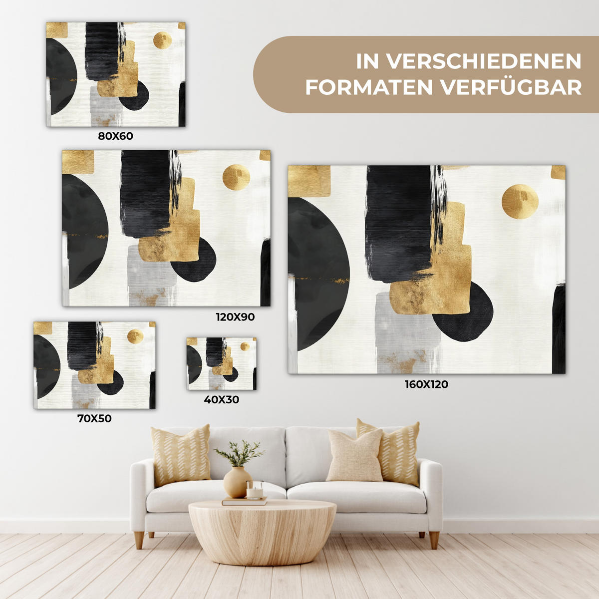 LEINWANDBILD Gold - Rechtecke - Kreise - Abstrakt Wandbilder 80x60 cm - Weiß, Textil (80/60cm) - MuchoWow