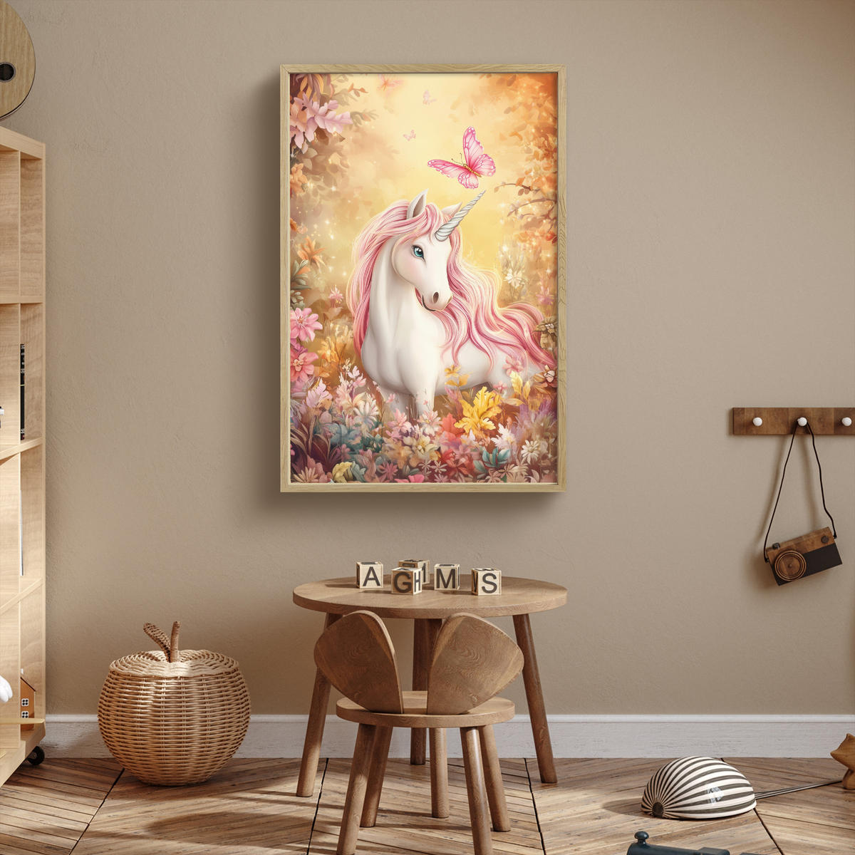 NÁSTĚNNÁ LAMPA S AKUMULÁTOREM Jednorožec - Květiny - Motýl - Růžová 70x100 cm - béžová, kompozitní dřevo (70/100/8cm) - OnlyWow